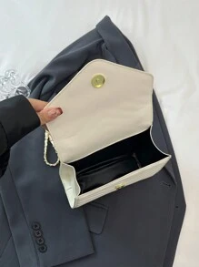 全新大容量女士单肩包、斜挎包，配有链条肩带和金属装饰，时尚休闲 - 米色 - 查看 5