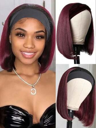 Bob Headband Wig Straight Synthetic Hair 99J Burgundy Headband Glueless Wear And Go Wig Short Straight Bob Wigs For Women Natural Looking Wine Red