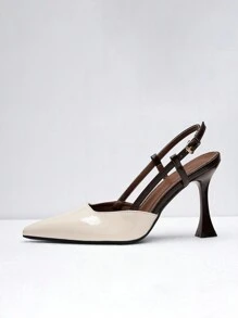 Women's High Heel Pointed Toe Patent Leather Fashion Buckle Detail Maroon Color Block Ankle Strap Pumps