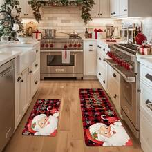 1/2 piezas Juego de alfombras de cocina navideñas engrosadas de 0.47 pulgadas/1.2 cm, diseño de cuadros escoceses de Papá Noel, alfombras de franela lavables a máquina, almohadillas rectangulares antideslizantes para decoración navideña del hogar