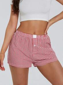 Womens Plaid Print Shorts Elastic Low Waist Button Front Lounge Shorts Boxers Streetwear - Rojo - Ver 4