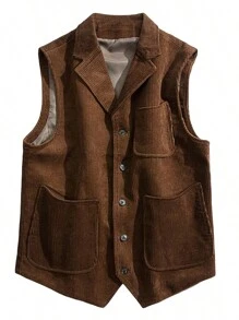 Men's Corduroy Suit Vest Business 5-Button Retro Lapel Sleeveless Jacket - 卡其色 - 查看 1