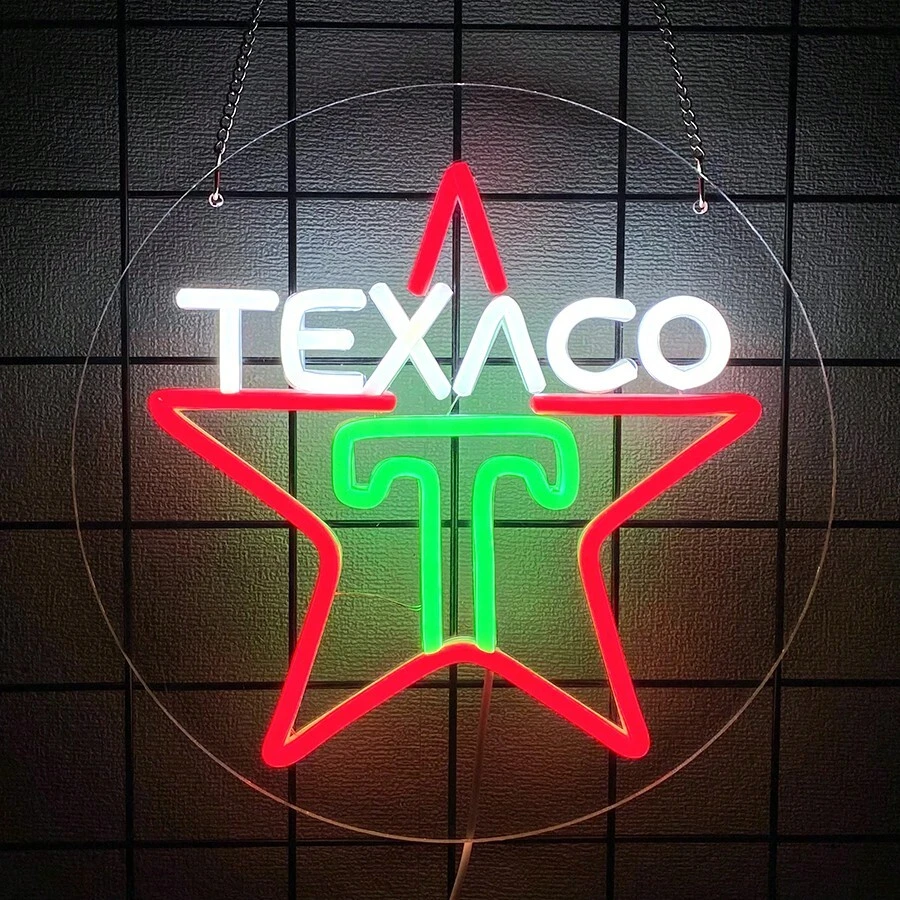 用于车库装饰的德士古霓虹灯标志、德士古汽油发动机油加油站标志灯、用于酒吧洞穴墙壁装饰的 LED 标志、个性化礼物。5V，USB 供电。 - 彩色 - 查看 1