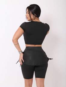 Black Stretched Short Skirt And Black Suplex Crop Top Set For Women Fitness Workout Gymnastics - ZERO Transparency - màu đen - Xem 2