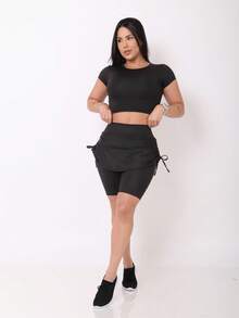 Black Stretched Short Skirt And Black Suplex Crop Top Set For Women Fitness Workout Gymnastics - ZERO Transparency - màu đen - Xem 3