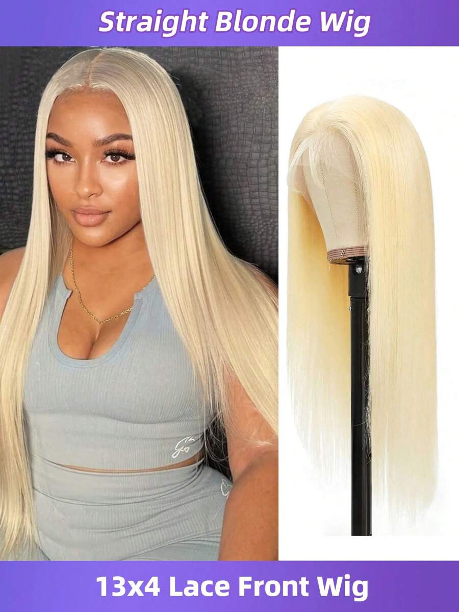 Peruca Frontal de Renda Loira de Cabelo Humano Reto 613, 13x4, Pré-Raspado, 20-28 Polegadas, Densidade de 150%, Renda Transparente, para Mulheres na Cor 613