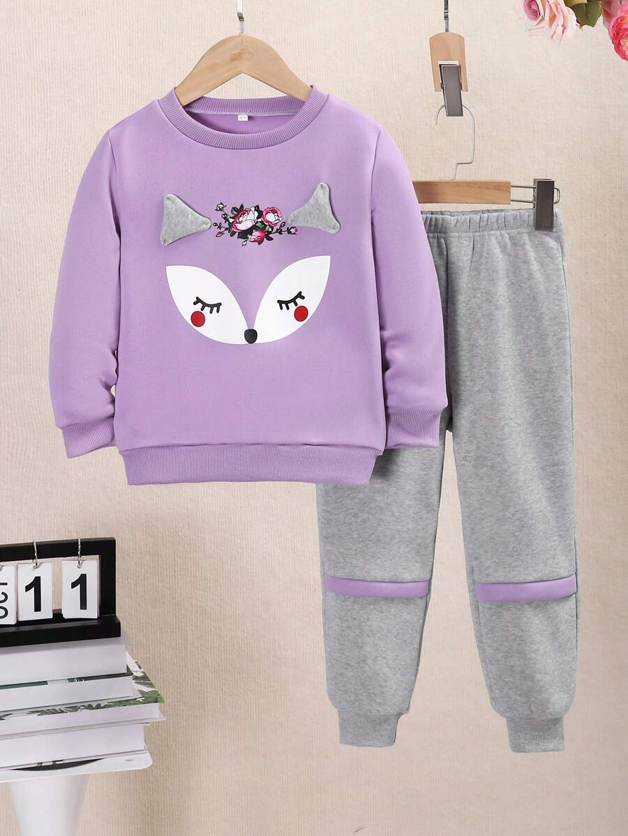 Young Girl Graphic Print Fleece Sweatshirt Casual Outfit Set, Autumn/Winter