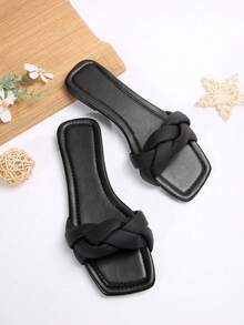 女士平底一脚蹬凉鞋，时尚沙滩拖鞋，带趾带，适合夏季，高端款式 - 黑色 - 查看 8