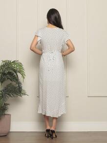 ANLE MODAS-Printed Wrap Dress/Tie At The Waist - 白色 - 查看 5