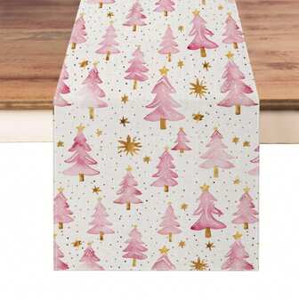 1 件圣诞桌旗，粉色圣诞快乐圣诞树餐桌装饰适合季节性冬季圣诞节农舍家庭厨房餐厅派对