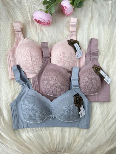 3pcs Wireless Sexy Adjustable Minimizer Bras, Inclusive Of Blue, Pink And Purple Colors