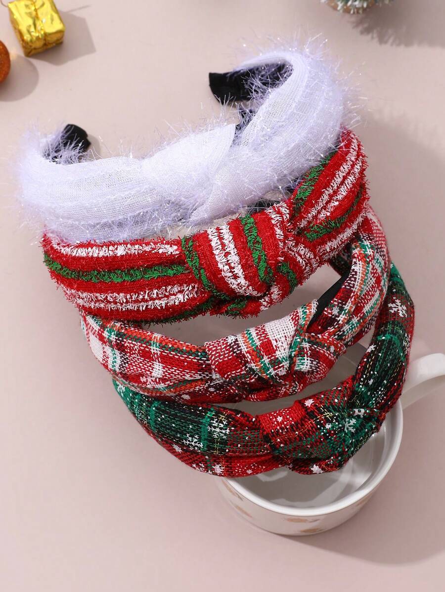 NAIZHU 4 Stücke/Set Weihnachtskopfbänder für Kinder & Jugendliche, rot, grüne karierte Schneeflocken Stoff Haarschmuck, Winterliche Geschenke