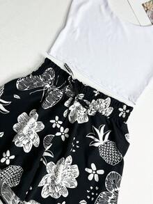 Women's Two-Piece Crop Top With Elastic Waistband And Floral Print A-Line Shorts - 黑色 - 查看 2