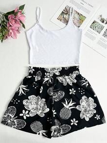 Women's Two-Piece Crop Top With Elastic Waistband And Floral Print A-Line Shorts - 黑色 - 查看 3
