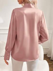 Women's Pink Satin Blouse With Bow Collar And Puff Sleeves - Elegant, Silky Top Suitable For Office And Formal Occasions, Showcasing Fashionable Style - Pink - View 2