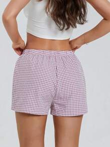 Womens Plaid Print Shorts Elastic Low Waist Button Front Lounge Shorts Boxers Streetwear - 紫色 - 查看 5