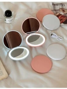 LED Light Makeup Mirror Foldable Makeup Small Pocket Mirror For Women's Luminous Effect Pink White Mini Mirror Home Decor Back To School Room Decor School Supplies - White - View 4