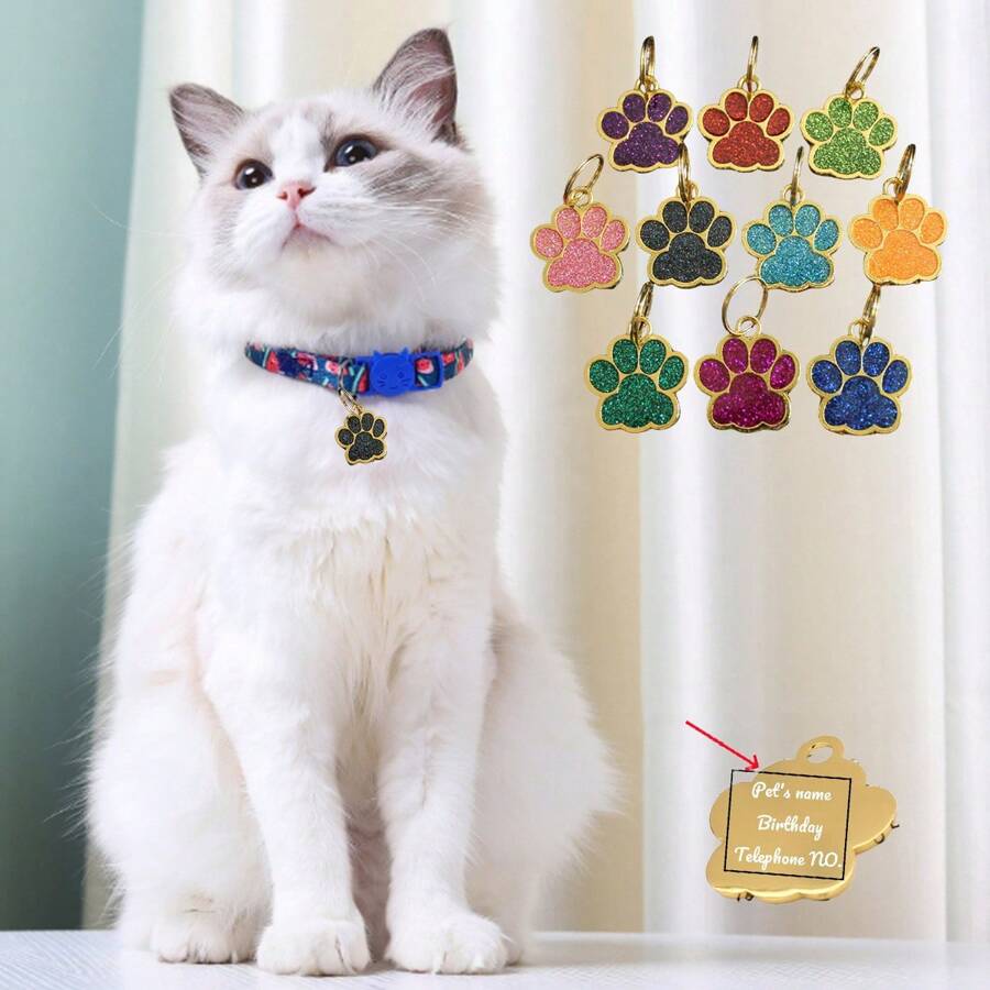 一個寵物ID標籤，帶有個性化刻字狗爪子吊飾DIY珠寶彩色閃光油墨貓爪金屬寵物名字標籤吊墜 - 黑色 - 查看 1