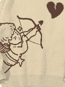 ANDREILEE Men's Cute Minimalist Fashion Angel Shooting Heart Intarsia Pattern Black Long Sleeve Sweater, Unisex Casual Round Neck Streetwear Loose Knitted Pullover, Versatile, Fall/Winter - Apricot - View 5