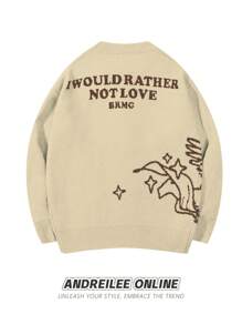 ANDREILEE Men's Cute Minimalist Fashion Angel Shooting Heart Intarsia Pattern Black Long Sleeve Sweater, Unisex Casual Round Neck Streetwear Loose Knitted Pullover, Versatile, Fall/Winter - Apricot - View 2