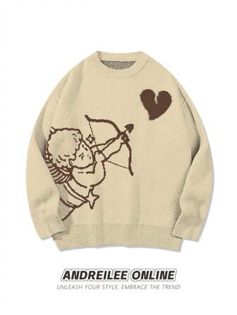 ANDREILEE Herr Söt Minimalistisk Mode Ängelskjutande Hjärta Intarsia Mönster Svart Långärmad Tröja, Unisex Casual Rund Hals Streetwear Löst Stickad Tröja, Mångsidig, Höst/Vinter