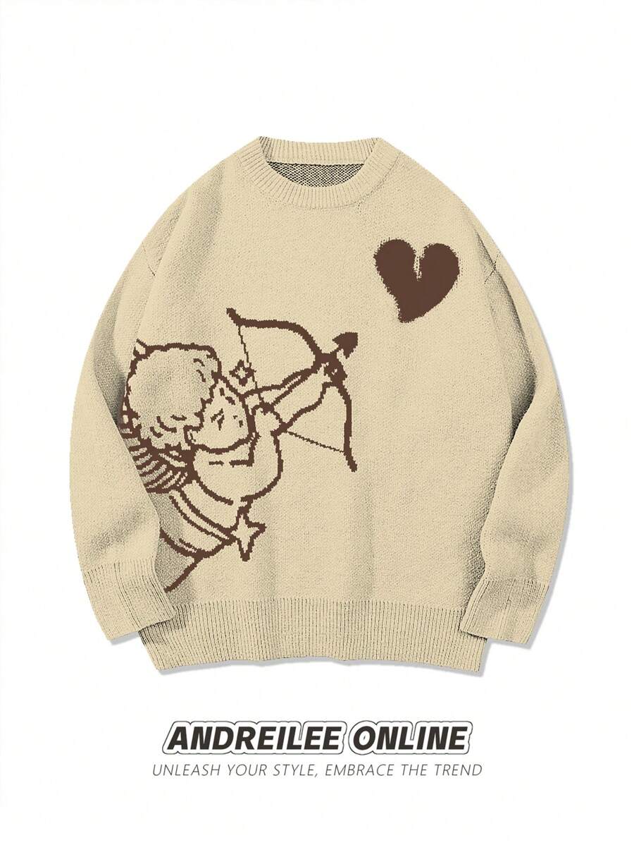 ANDREILEE Men's Cute Minimalist Fashion Angel Shooting Heart Intarsia Pattern Black Long Sleeve Sweater, Unisex Casual Round Neck Streetwear Loose Knitted Pullover, Versatile, Fall/Winter - Apricot - View 1