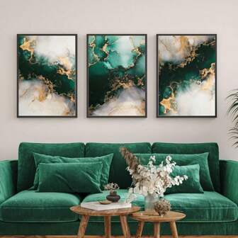 Set di 3 stampe con inchiostro fluido verde smeraldo e oro, cartellone da parete per il soggiorno, senza cornice