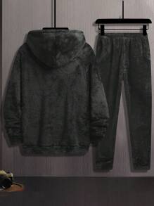 Men's Fashionable Casual Versatile Furry Embroidered Graphic Sweatsuit, Fall Clothes Winter