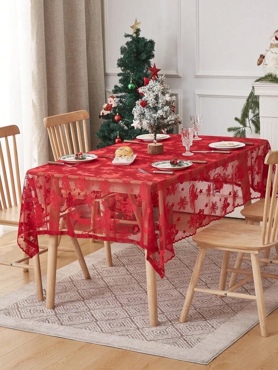 1 khăn trải bàn ren họa tiết Giáng sinh, khăn trải bàn ren vuông dùng để trang trí tiệc Giáng sinh, trang trí bàn ăn nhà bếp, trang trí phòng khách gia đình - Đỏ - Xem 1