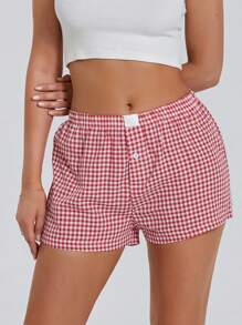 Womens Plaid Print Shorts Elastic Low Waist Button Front Lounge Shorts Boxers Streetwear - Rojo - Ver 3
