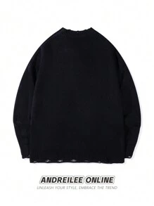 ANDREILEE 春夏秋冬新款男士街头时尚法式油画印花做旧针织衫，男女皆宜休闲圆领修身套头衫，长袖上衣 - 黑色 - 查看 2