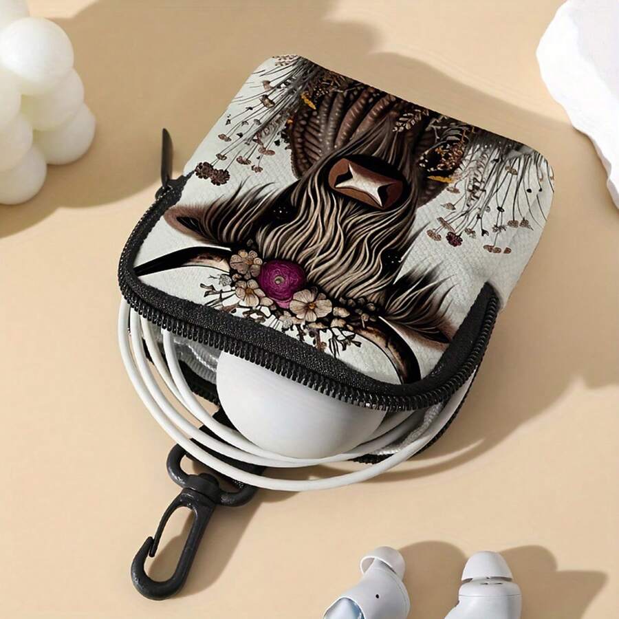 别致高地牛印花大容量仿皮钱包 - 防水，多功能，带拉链零钱包、钥匙和卡夹，以及无线耳塞存储数据线小挂包充电器便携包电缆整理盒行李旅行包电缆包电子数据线床头存储适用于旅行 Airpods 相机收集女性男性儿童圣诞礼物必备教师用品防水轻便大容量便携式配件 - 米色 - 查看 1