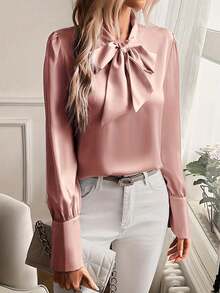 Women's Pink Satin Blouse With Bow Collar And Puff Sleeves - Elegant, Silky Top Suitable For Office And Formal Occasions, Showcasing Fashionable Style - Pink - View 3