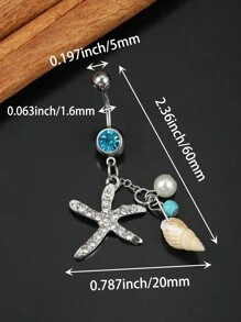 1pc Bohemian Style Sea Star & Sea Shell Faux Pearl Navel Piercing Suitable For Unisex Everyday Wear - Silver - View 2