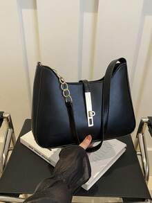 新款时尚纯色手提包，时尚小众设计女士单肩包/腋下包 - 黑色 - 查看 6