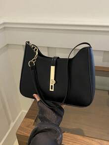 新款时尚纯色手提包，时尚小众设计女士单肩包/腋下包 - 黑色 - 查看 2