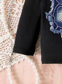 2pcs/Set Young Girls Casual Butterfly Decor Top And Flared Jeans Set, Spring Autumn - Dark Wash - View 4