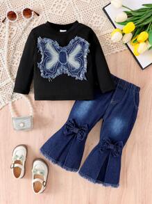 2pcs/Set Young Girls Casual Butterfly Decor Top And Flared Jeans Set, Spring Autumn - Dark Wash - View 1