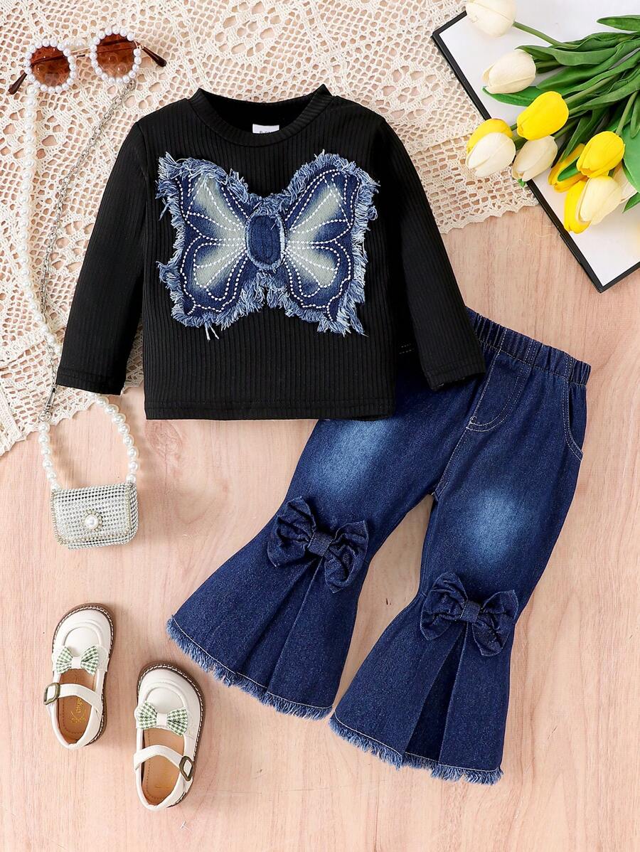 2pcs/Set Young Girls Casual Butterfly Decor Top And Flared Jeans Set, Spring Autumn - Dark Wash - View 1