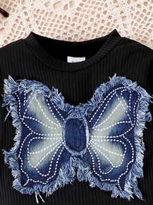 2pcs/Set Young Girls Casual Butterfly Decor Top And Flared Jeans Set, Spring Autumn - Dark Wash - View 3