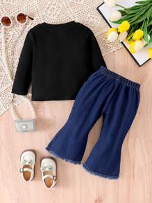 2pcs/Set Young Girls Casual Butterfly Decor Top And Flared Jeans Set, Spring Autumn - Dark Wash - View 2