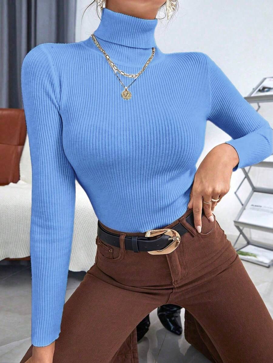 Women's Knitted Blouse High Neck Cacharrel Basic Wool Sweat Fashion Shipping!! - BB藍 - 查看 1