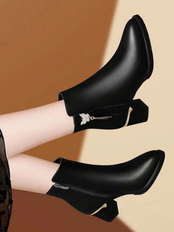 Women's Round Toe Chunky Heel Pumps New Thermal Lined Fall/Spring Casual Leather Slip-On Shoes , Ideal With Red Dress ,  Mid Heels Tassel Short Boots,Boots For Women