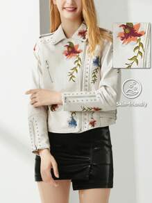 女士刺绣铆钉仿皮夹克，机车朋克风花卉夹克 - 米色 - 查看 2