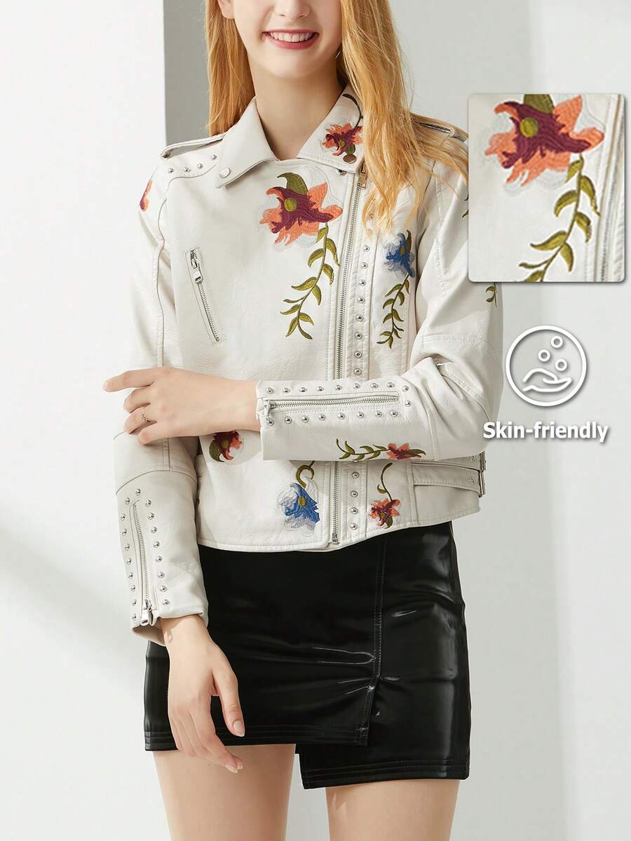 女士刺绣铆钉仿皮夹克，机车朋克风花卉夹克