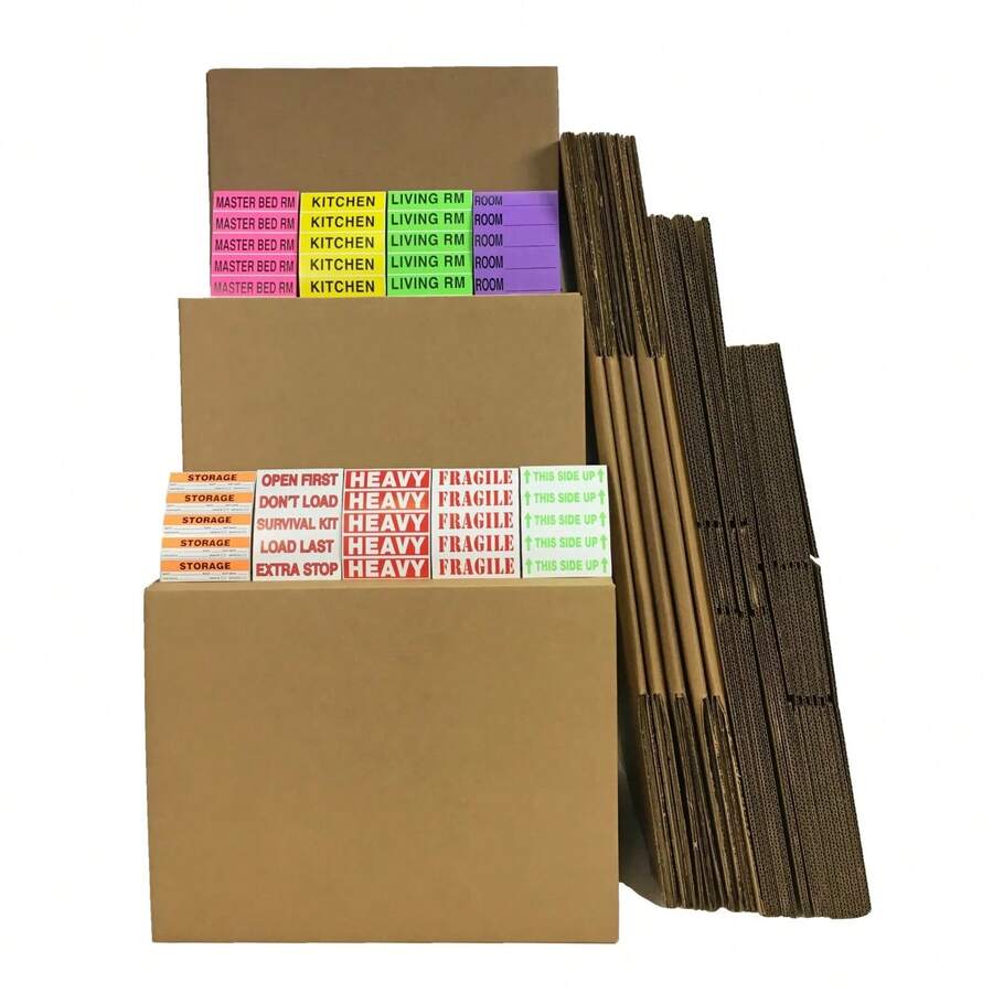 Moving And Storage Kit With 15 Boxes And 60 Labels, 3 Box Sizes, Ideal