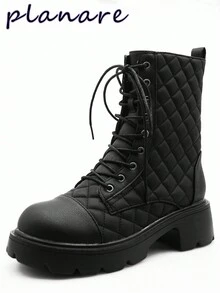 Giày bốt đi xe máy buộc dây kẻ sọc thời trang nữ Giày bốt cao cổ ngắn đế dày Giày cao su mũi tròn màu đen Giày bốt mùa đông thoải mái - màu đen - Xem 1