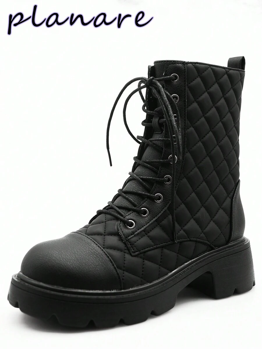 Giày bốt đi xe máy buộc dây kẻ sọc thời trang nữ Giày bốt cao cổ ngắn đế dày Giày cao su mũi tròn màu đen Giày bốt mùa đông thoải mái - màu đen - Xem 1