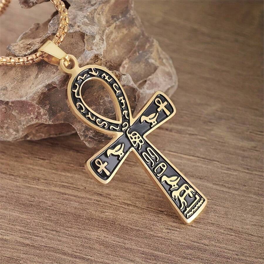 Retro Edelstahl Antik Ägyptisch Ankh Kreuz Totem Anhänger Halskette für Herren und Damen Pharao Lebensschlüssel Amulett Schmuck - Retro - Übersicht 1