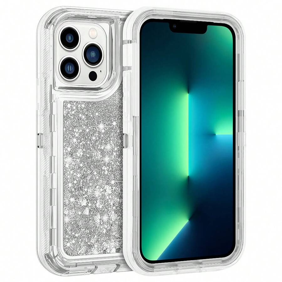 Modes Wireless For IPhone 15 Pro 6.1 Inch Dual Layer Protective Shockproof Tough Defender Sparkling Liquid Glitter Heart Case Cover - 銀色 - 查看 1